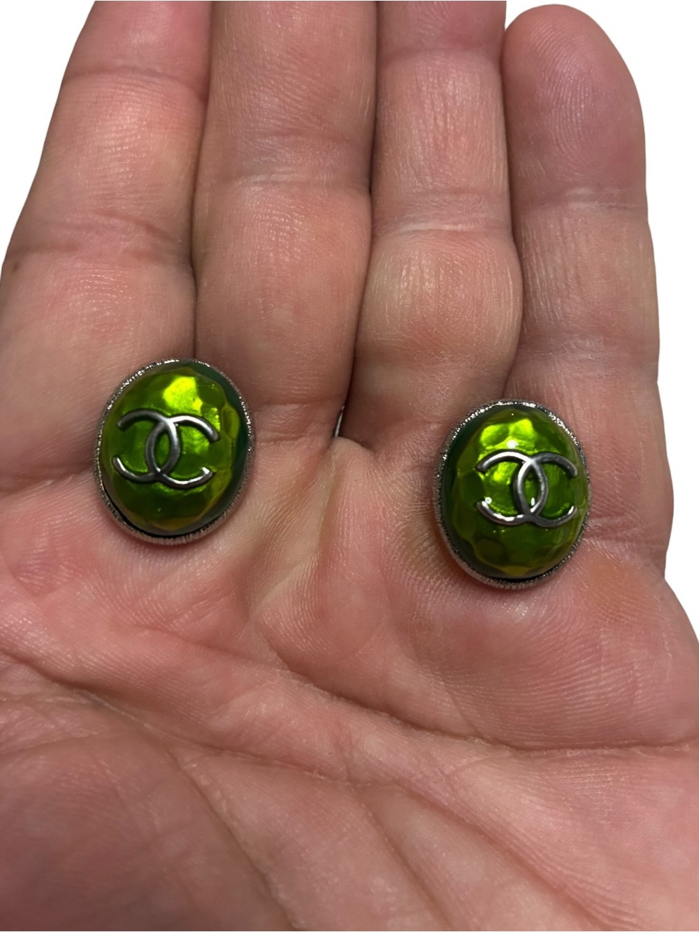 ChaneI. Vibrant Green Logo Earrings Set in Silver-Tone